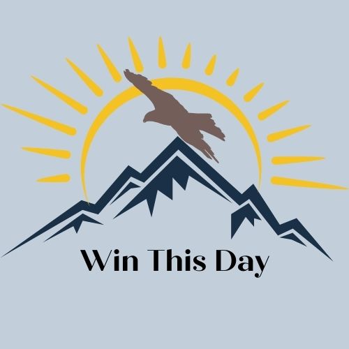 Blue Mountain, Soaring Flying brown eagle in front of a yellow sun logo with Win This Day